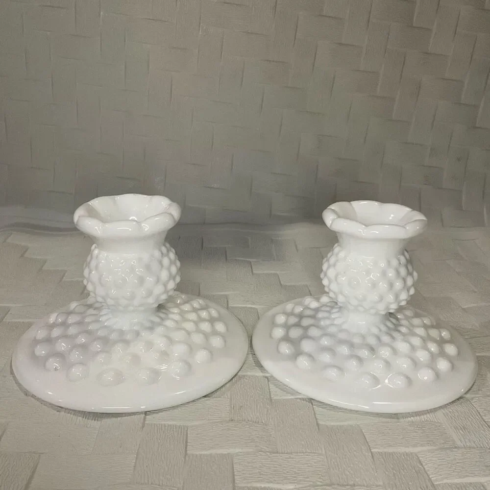 Vintage‎ Fenton Hobnail 2 Piece Candle Holder Set White Milk Glass Romantic Gift